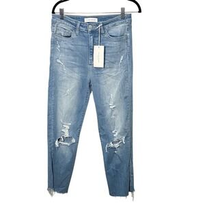 Flying Monkey Distressed High Rise Ankle Crop Raw Hem Light Wash Denim Jeans